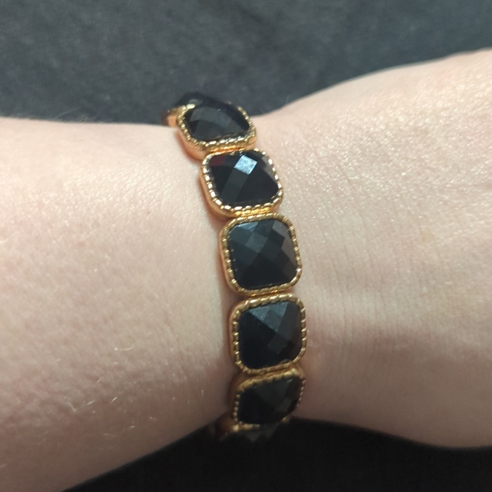 Gold Tone Black Faceted Rhinestone Stretchy Elastic Statement Bracelet